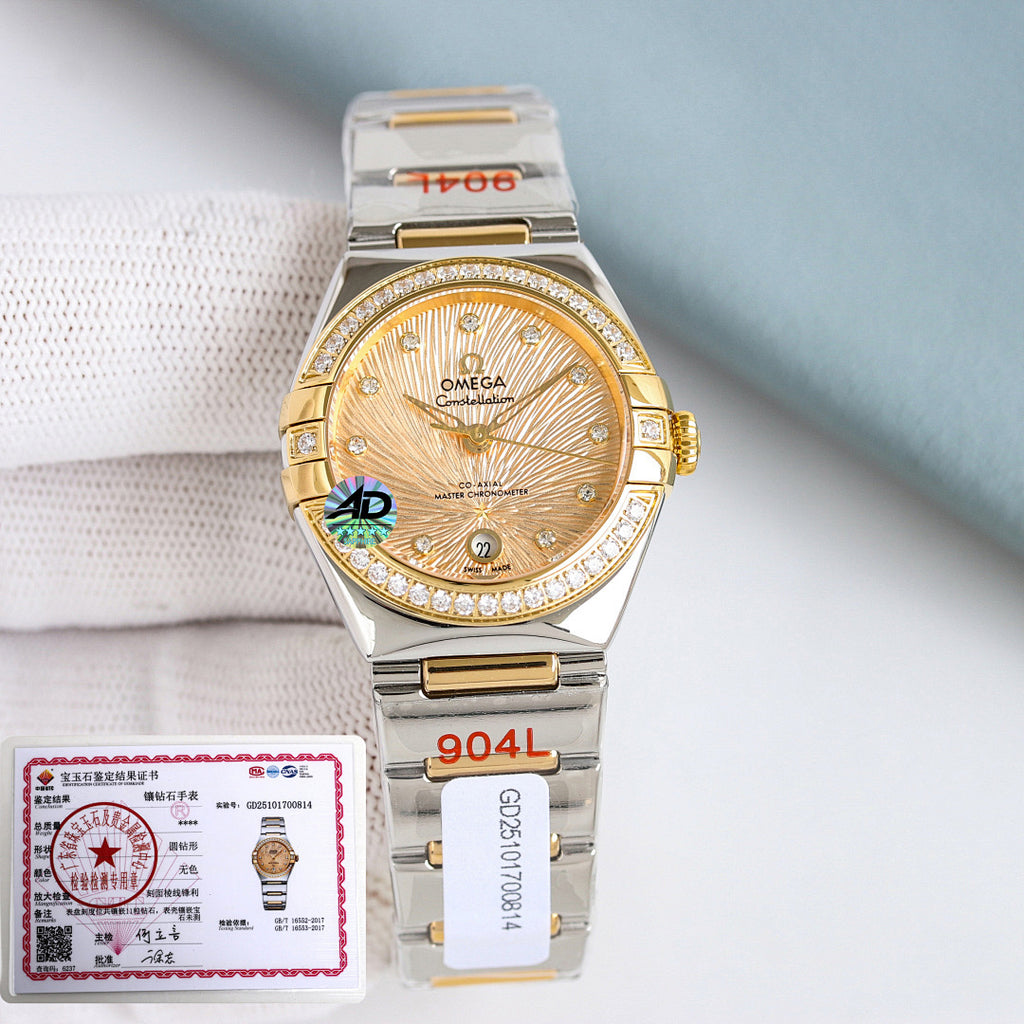 Omega watch with champagne dial, jeweled bezel, and silver-and-gold metal bracelet