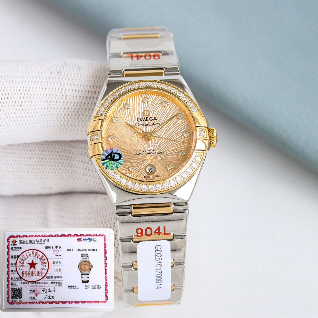 Omega watch with champagne dial, jeweled bezel, and silver-and-gold metal bracelet
