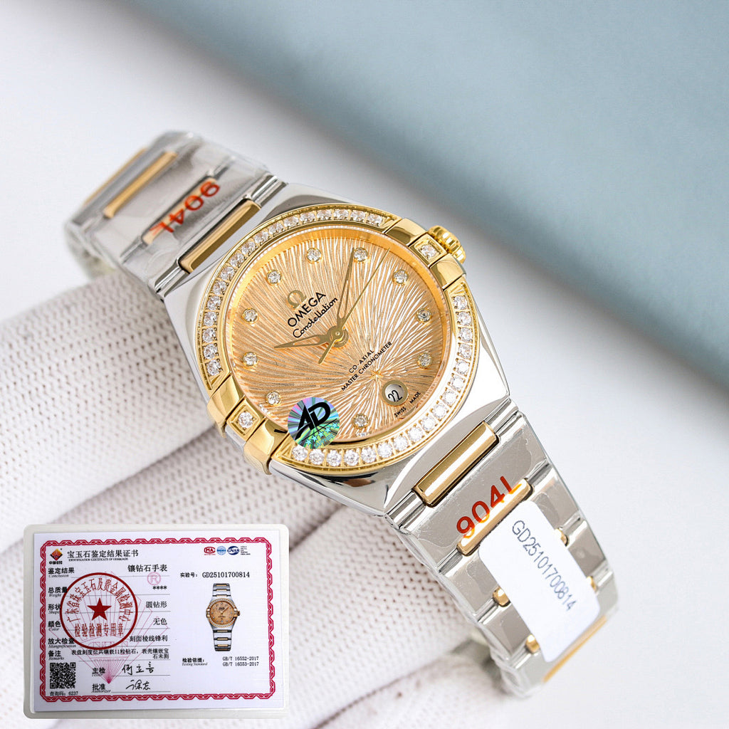 Omega watch angled view with champagne dial, jeweled bezel, and two-tone metal bracelet