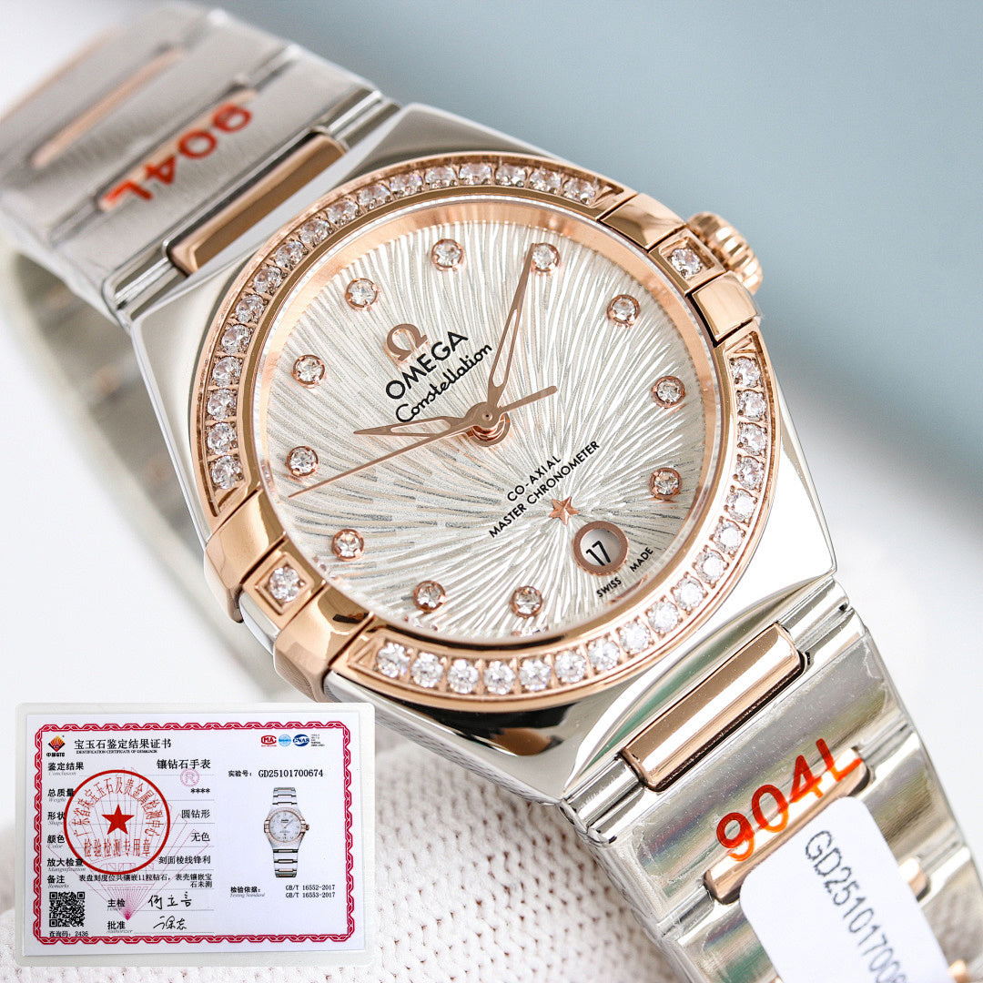 Omega watch close-up with silver-and-gold case, jeweled bezel, white dial, crown at side
