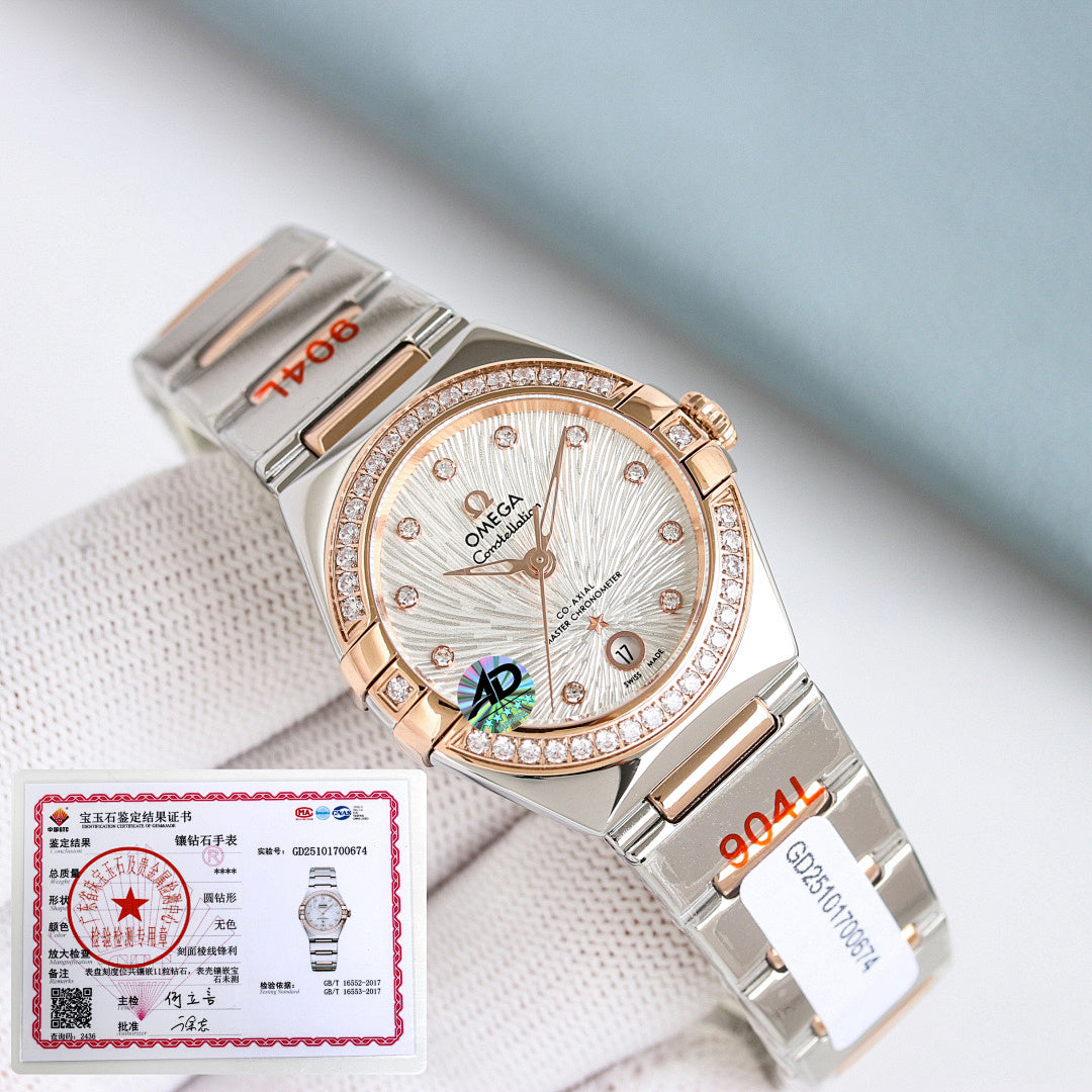Omega watch with jeweled bezel, white dial, and silver-and-gold metal bracelet