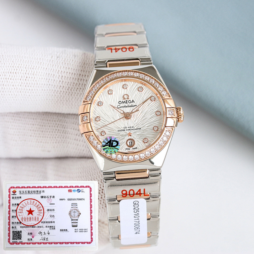 Omega watch with silver-and-gold metal bracelet, jeweled bezel, white dial, three hands