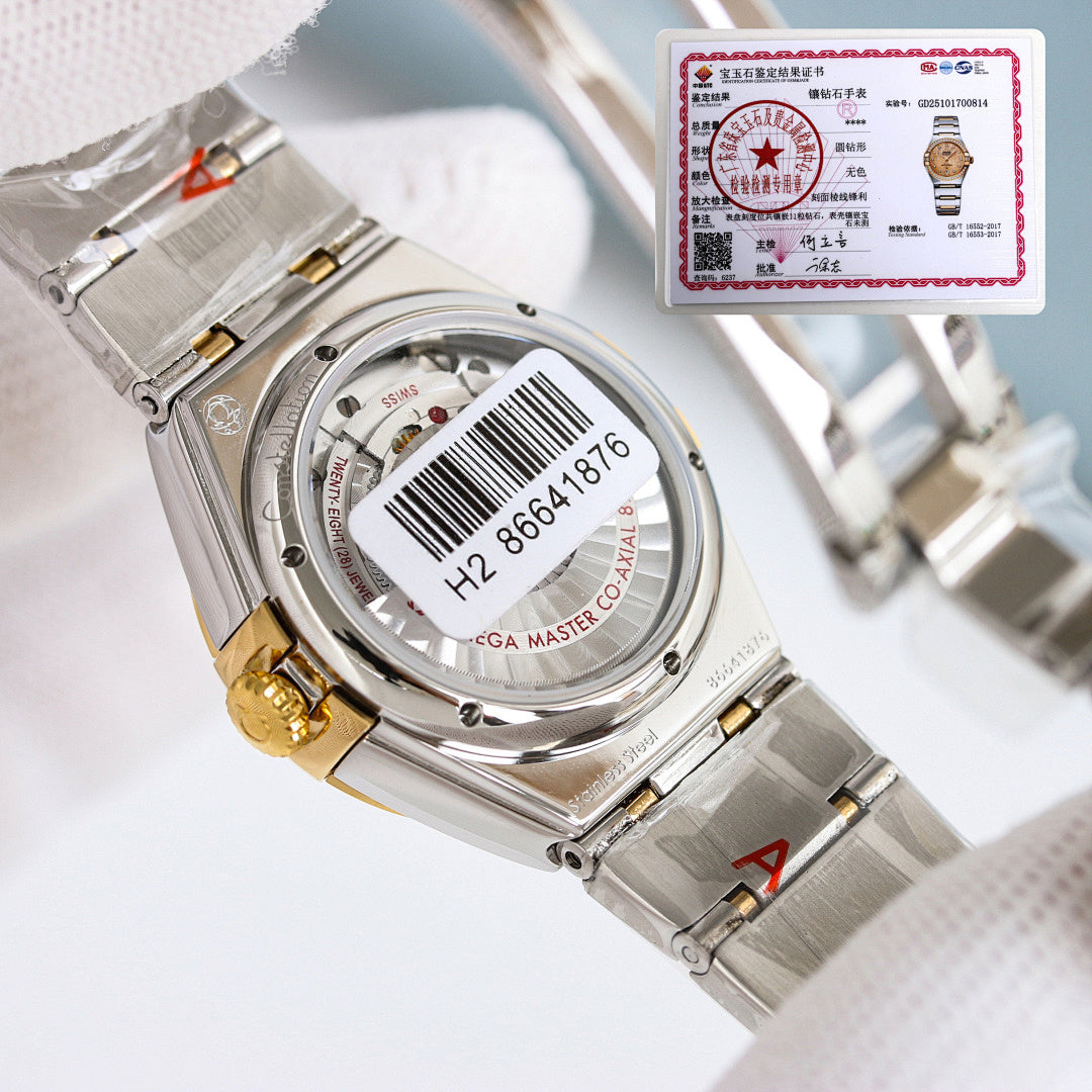 Omega watch case close-up with silver metal bracelet, marked serial on the caseback