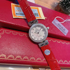 Omega wristwatch with silver-tone bezel, white dial, red leather strap