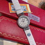 Omega wristwatch with silver bezel, white dial, light gray strap