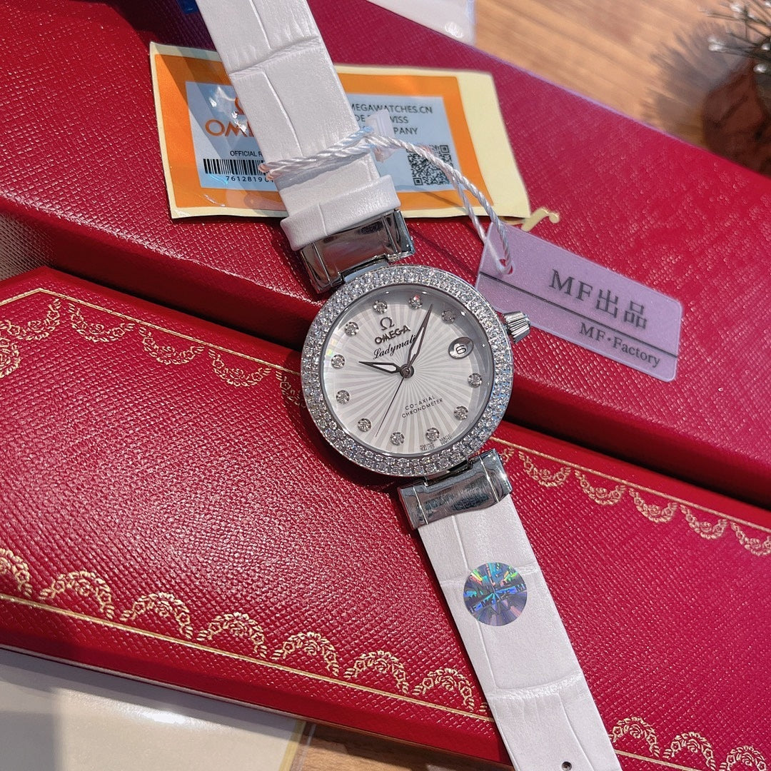 Omega wristwatch with silver bezel, white dial, light gray strap