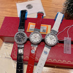 Omega watch set: three silver-tone watches with black, red, and white straps