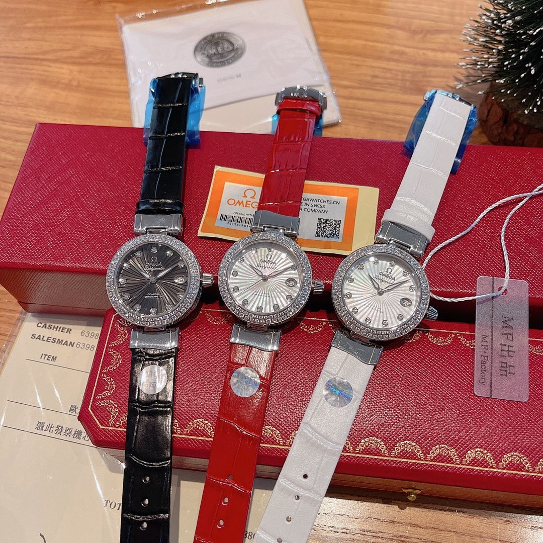 Omega watch set: three silver-tone watches with black, red, and white straps