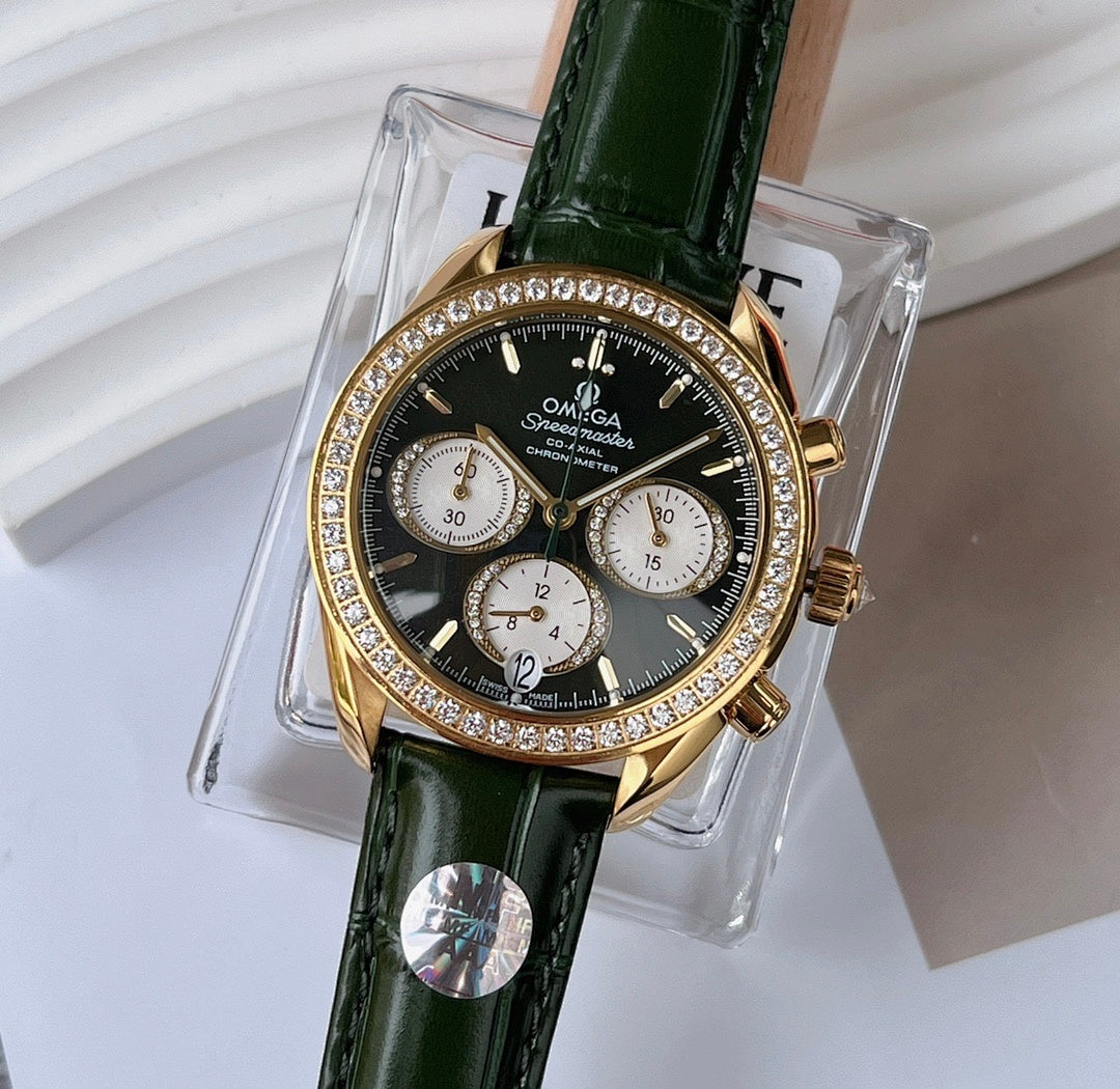 Diamond bezel wristwatch with green leather strap and gold-tone case