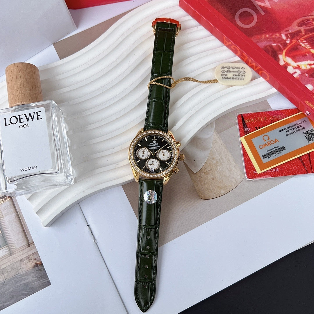 Green leather strap wristwatch with gold-tone case and black dial
