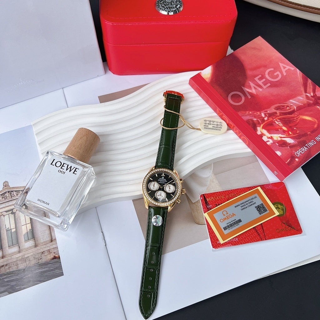 Green leather strap wristwatch with gold-tone chronograph-style dial