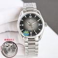 Omega wristwatch with black dial, silver hands, and stainless steel bracelet