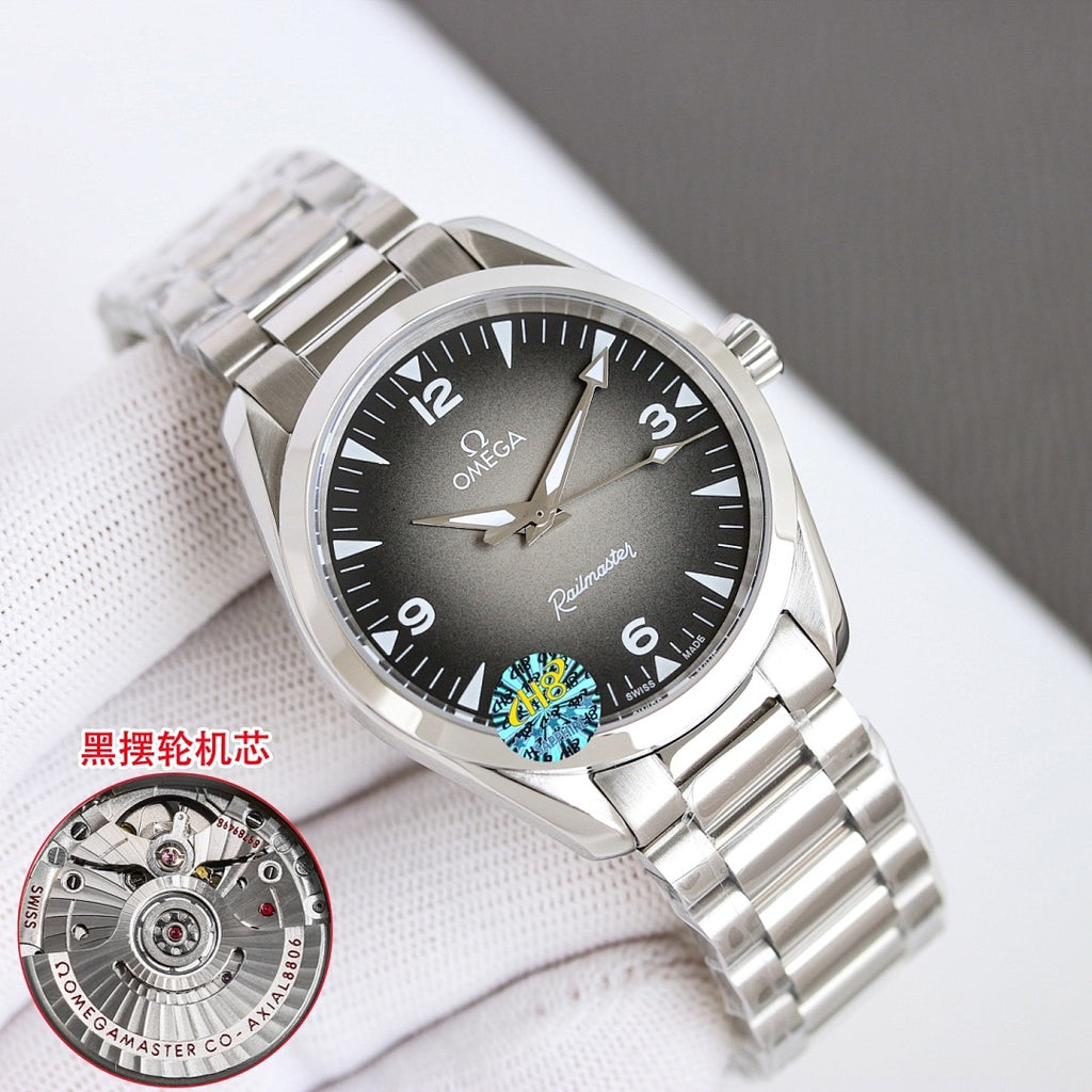 Omega wristwatch angled front with black dial, silver markers, and metal bracelet