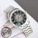 Omega wristwatch angled front with black dial, silver markers, and metal bracelet