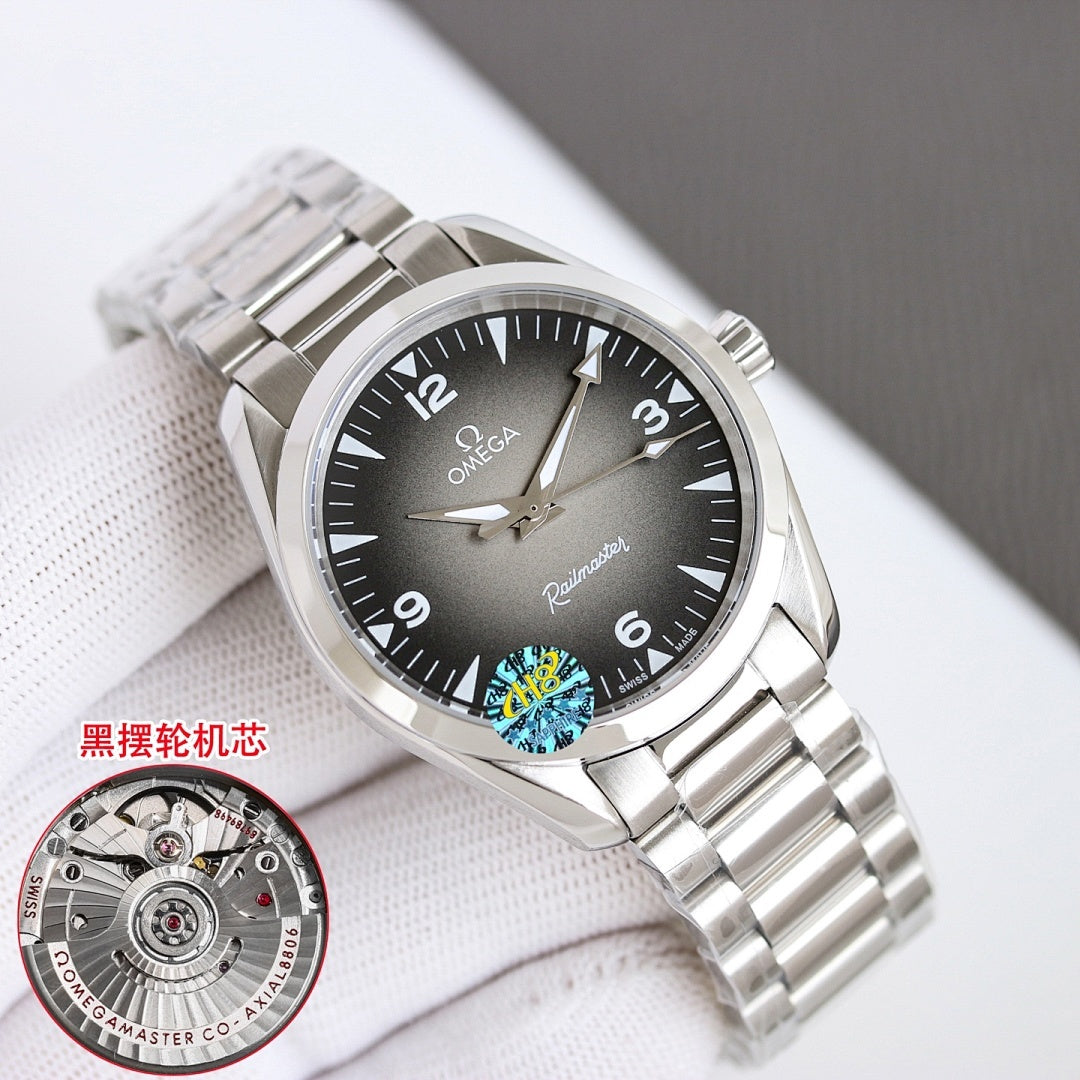 Omega wristwatch angled front with black dial, silver markers, and metal bracelet