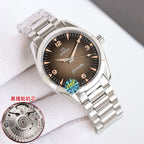 Omega wristwatch angled front with dark dial, silver bezel, and stainless steel bracelet