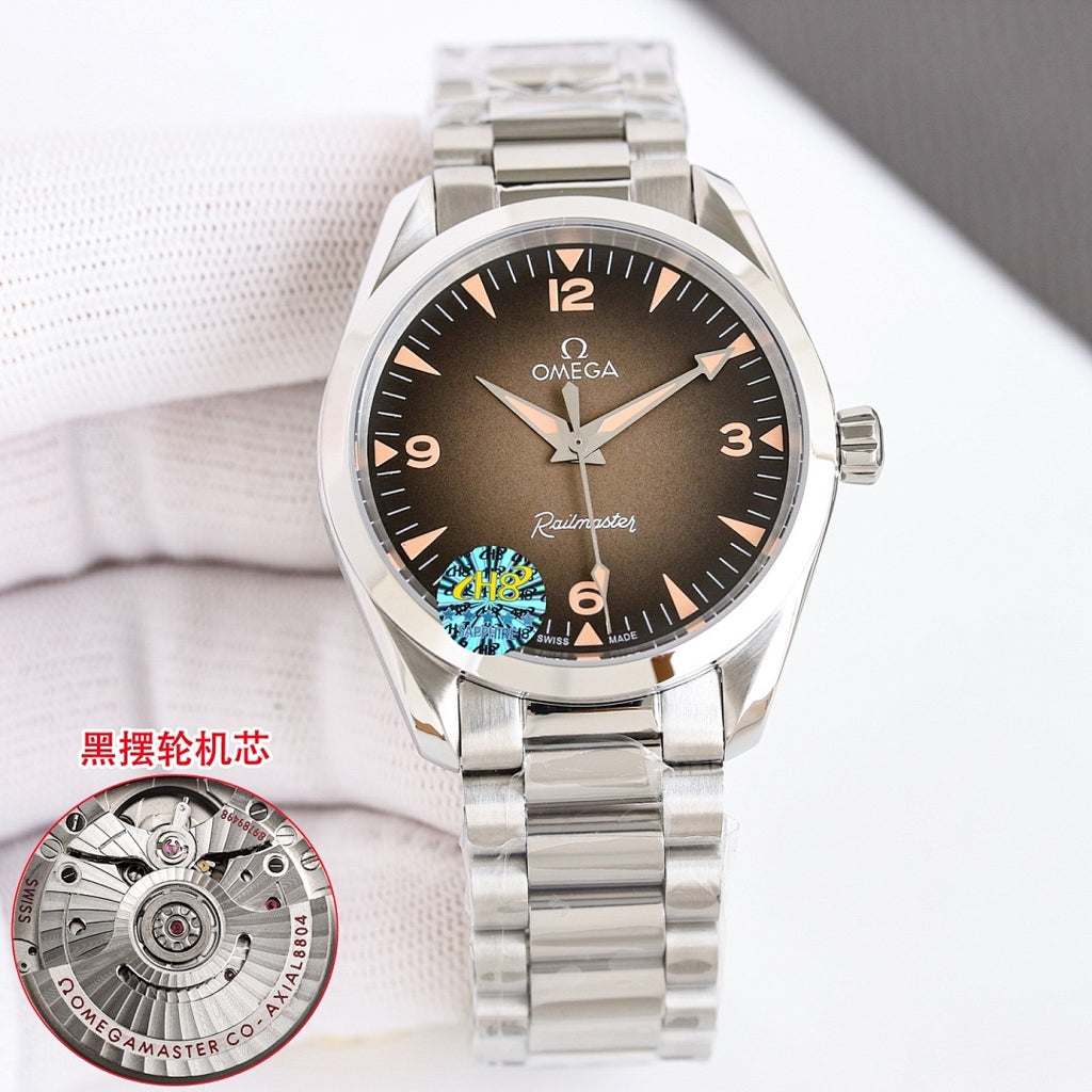 Omega wristwatch with dark dial, gold-toned markers, and stainless steel bracelet