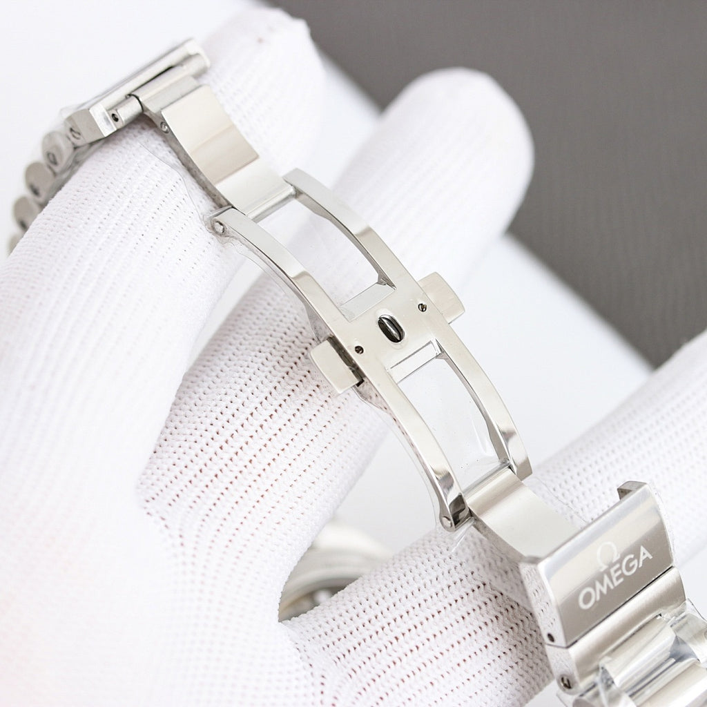 Omega wristwatch side view with stainless steel bracelet and clasp