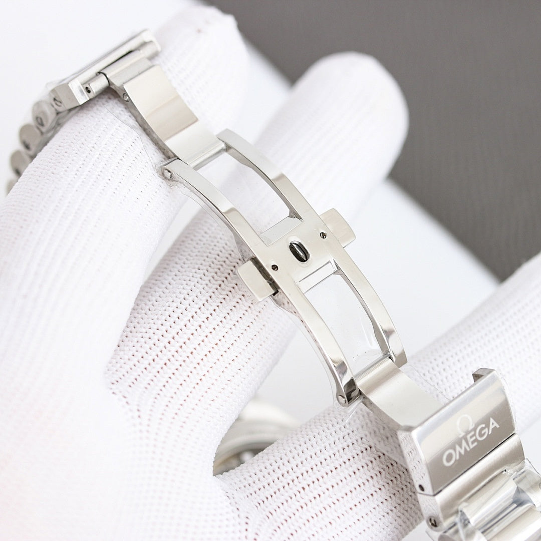 Omega wristwatch side view with stainless steel bracelet and clasp