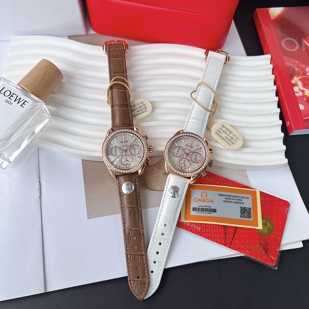 Omega watch pair, brown and white leather straps; rose-gold and silver-tone cases