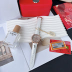 Omega watch with white leather strap, rose-gold case and silver dial