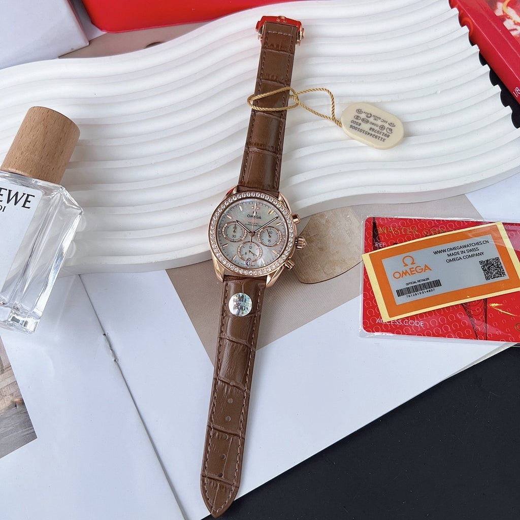 Omega watch with brown leather strap and rose-gold round case, three subdials