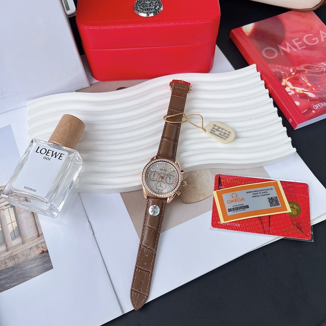 Omega watch with brown leather strap and rose-gold case; round silver dial