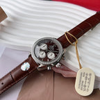 Chronograph watch with brown leather strap, silver case and black dial, subdials visible