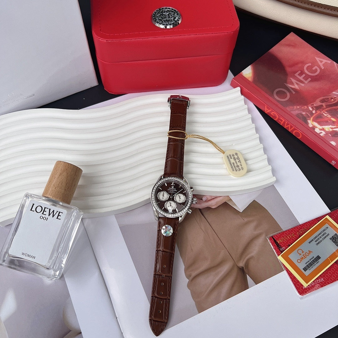 Chronograph wristwatch with brown leather strap and silver bezel