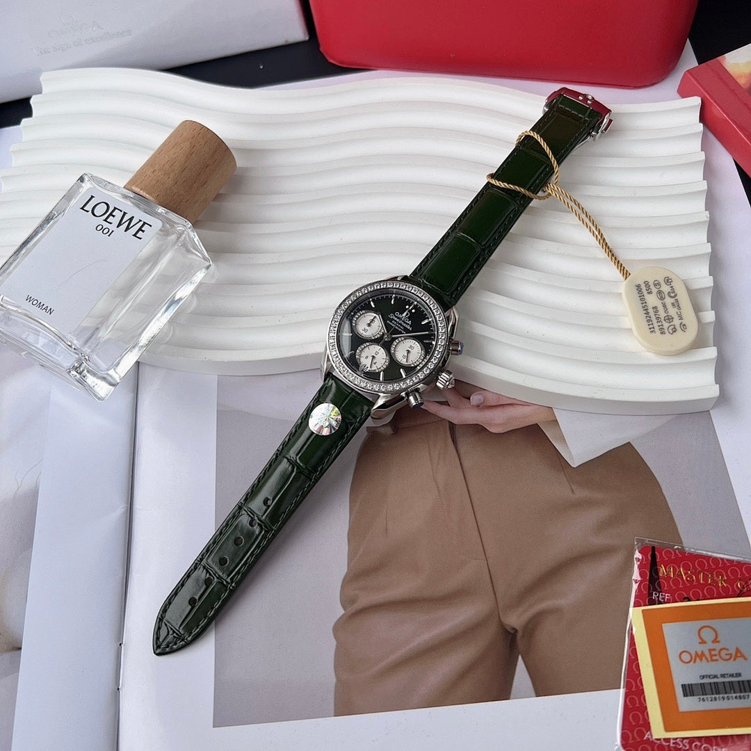 Omega watch with green leather strap, black chronograph dial, diamond bezel and subdials