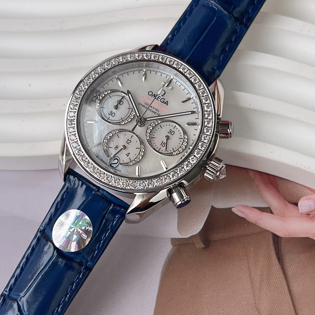Omega wristwatch with blue leather strap, silver dial, diamond bezel