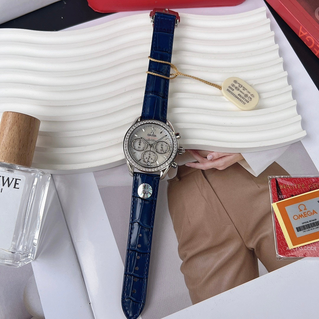Omega wristwatch with blue leather strap, silver dial, visible crown and pushers