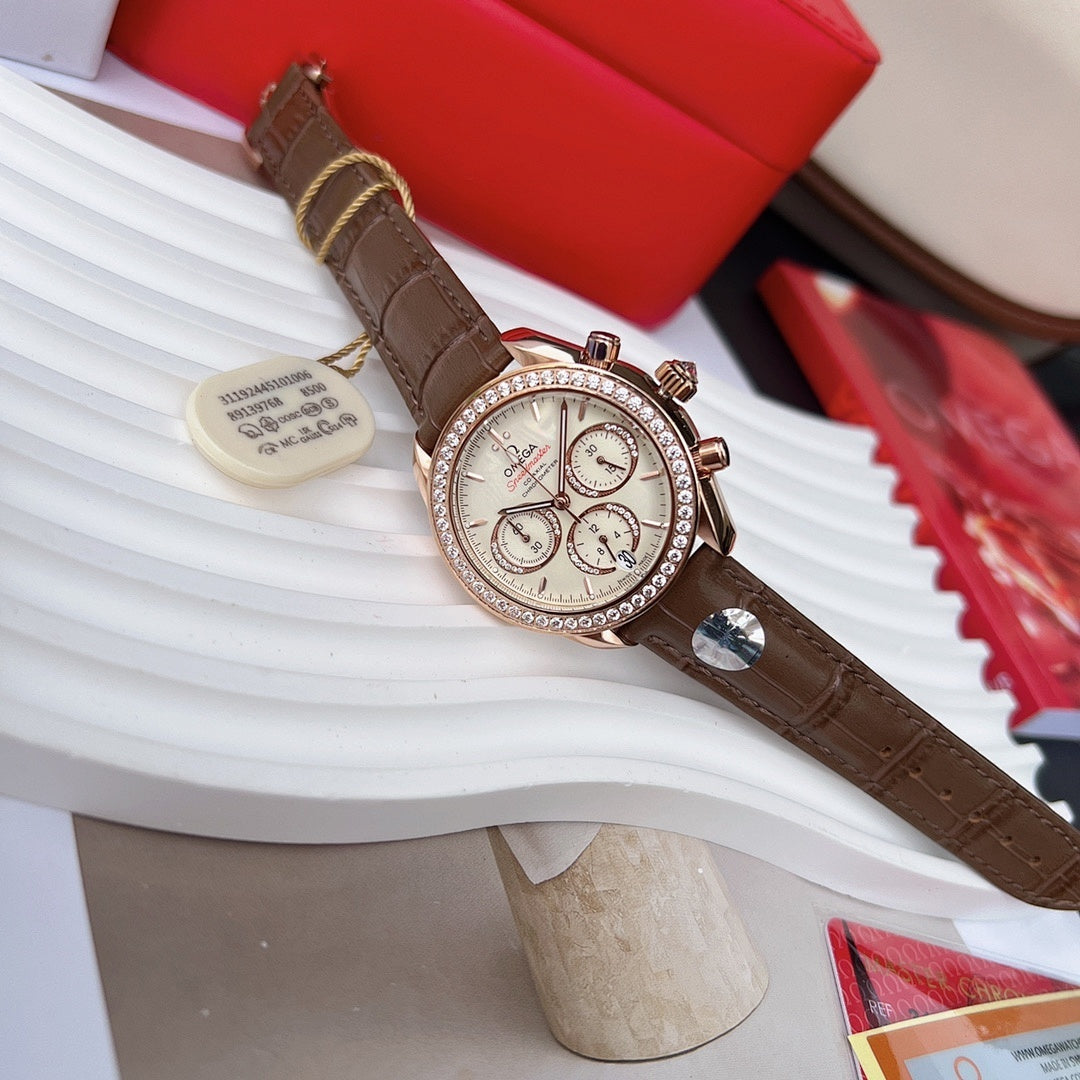 Brown leather chronograph watch with rose-gold case, crystal bezel and silver-tone dial