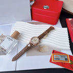 Brown leather chronograph watch with rose-gold case, crystal bezel and round crown