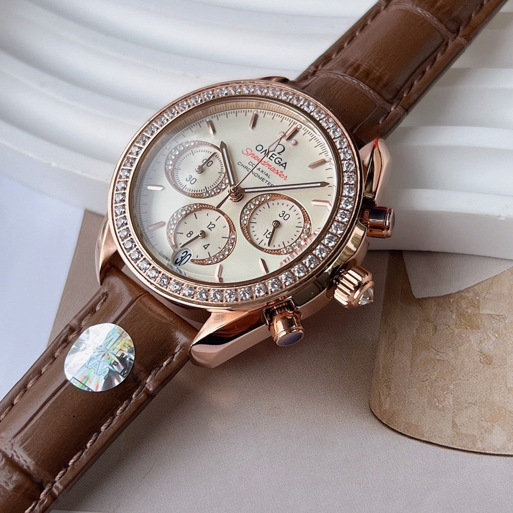 Brown leather chronograph watch with rose-gold case, crystal bezel and white dial