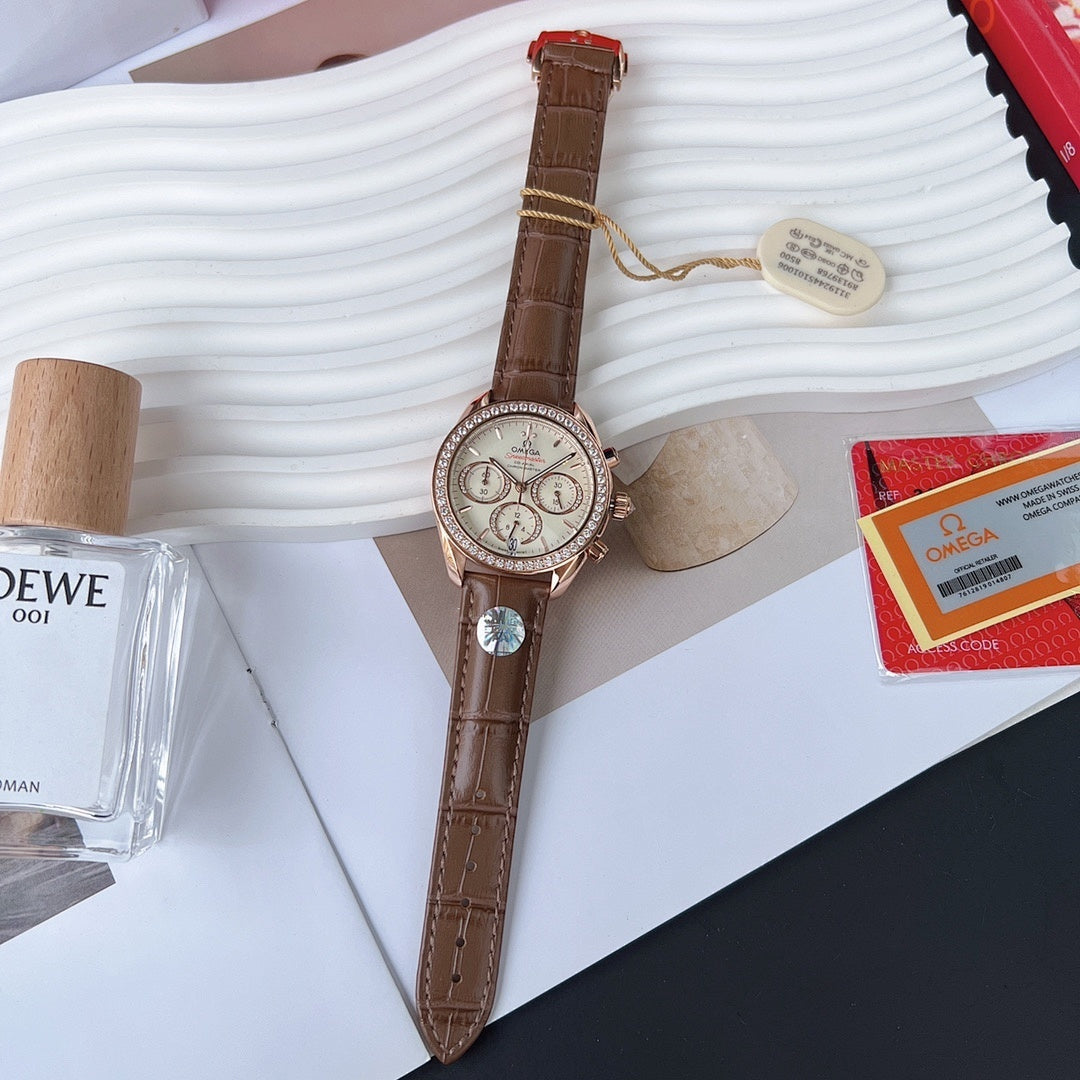 Brown leather chronograph watch with rose-gold case, crystal bezel and round crown