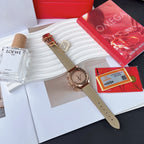 Brown leather chronograph watch with round rose-gold case, crystal bezel and pushers
