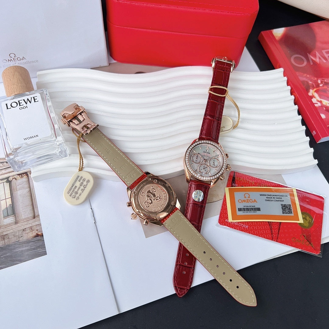 Wristwatch with red leather strap and rose-gold round case, white dial with subdials