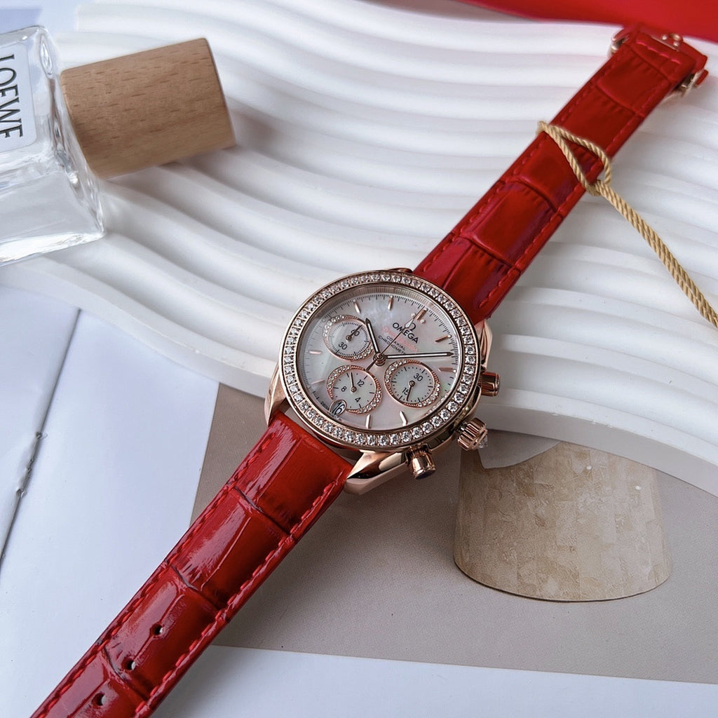 Wristwatch with red leather strap and rose-gold round case, diamond-look bezel, white chronograph dial