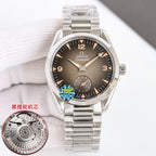 Omega wristwatch with dark dial and silver bracelet, date window at 3 o'clock.