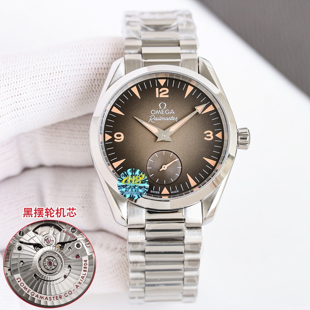 Omega wristwatch with dark dial and silver bracelet, date window at 3 o'clock.