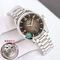 Omega wristwatch, dark dial, silver metal bracelet, date at 3 o'clock.