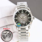 Omega wristwatch front view, dark dial with subdial, silver bracelet.