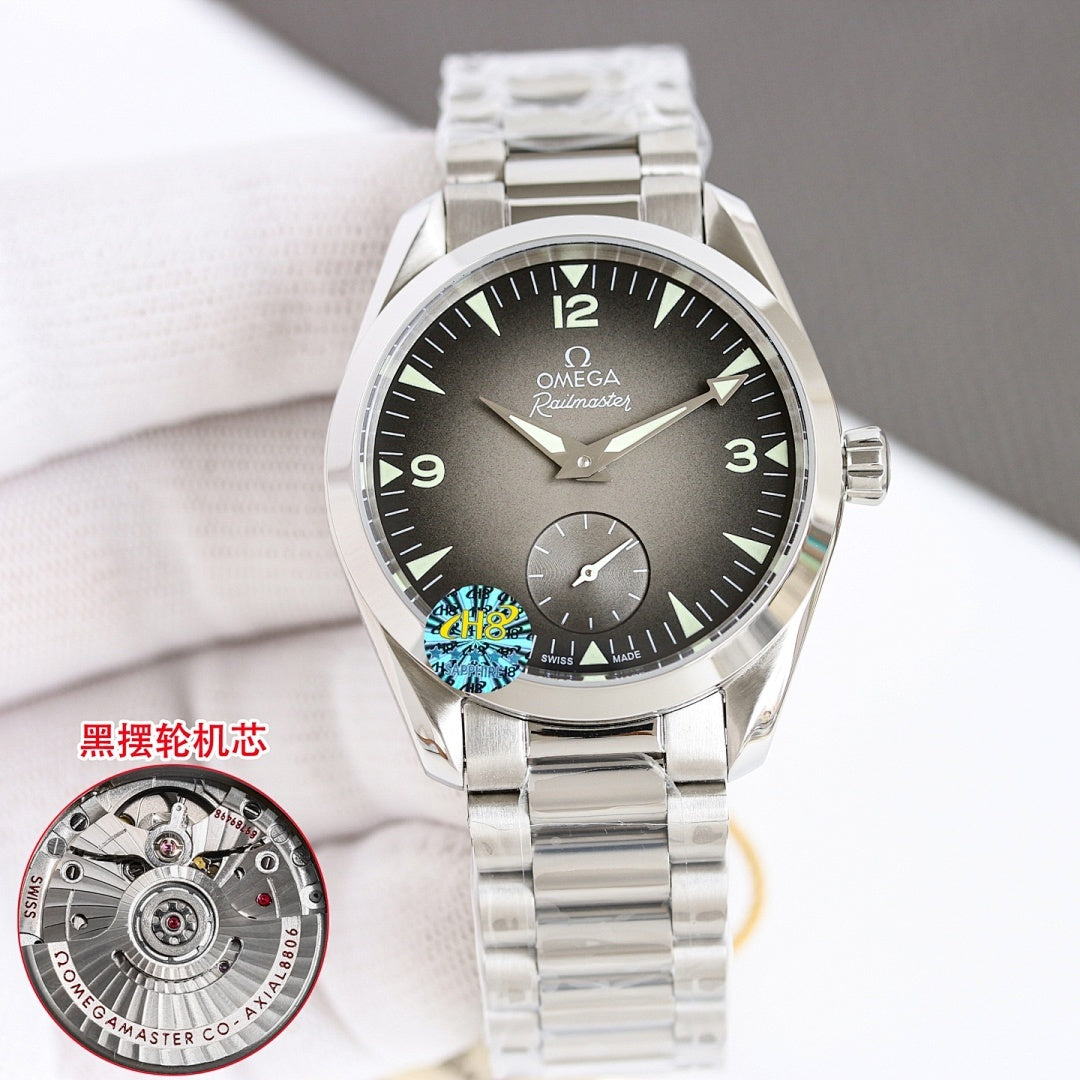 Omega wristwatch front view, dark dial with subdial, silver bracelet.