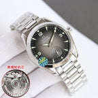 Omega wristwatch angled view, dark dial, silver bracelet, crown at 3 o'clock.