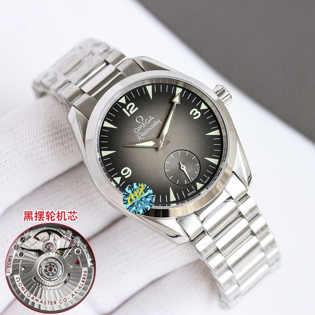 Omega wristwatch angled view, dark dial, silver bracelet, crown at 3 o'clock.