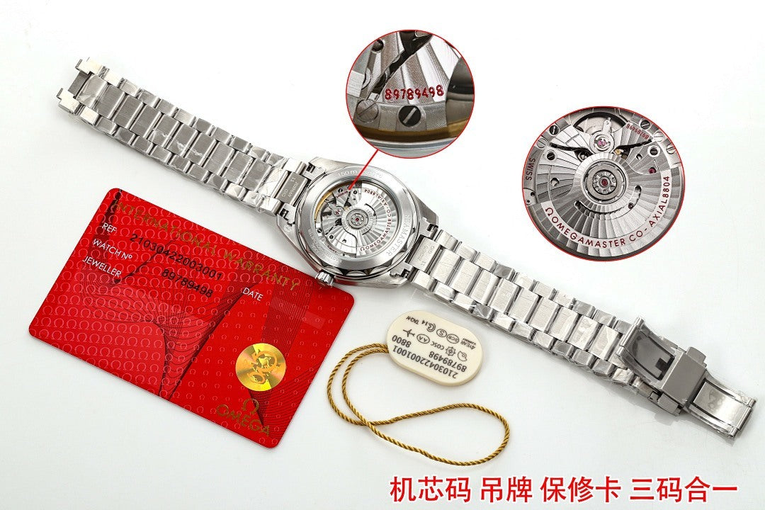 Omega wristwatch with silver bracelet, red and gold cards, cream warranty tag.