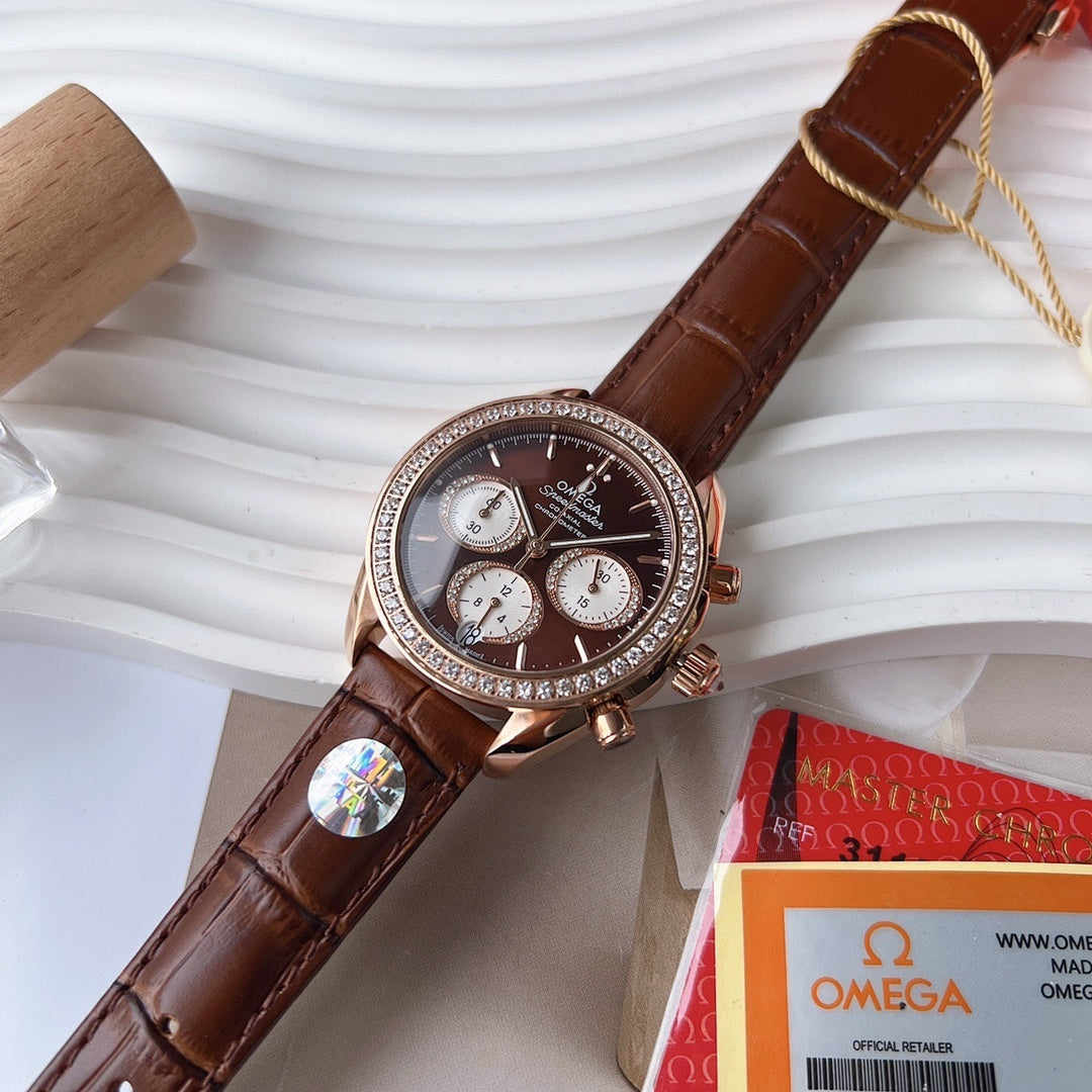 Omega watch side view with brown leather strap, jeweled bezel, dark dial and subdials.