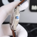 Omega watch side profile with stainless case and crown, blue accent detail.