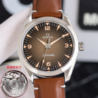 Omega watch with brown dial, brown leather strap, stainless case and crown detail.